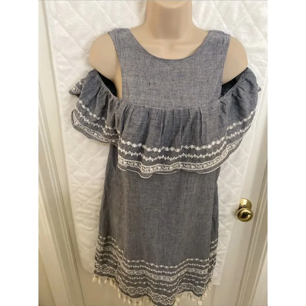 Mi Ami Francesca Blue Cold Shoulder Dress White Fringe Lace Sz L Western Boho - Picture 2 of 8